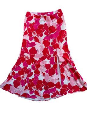 Petal + Pup Floral Side Slit Midi Skirt M Pink Red Bold Botanical Summer Vacay